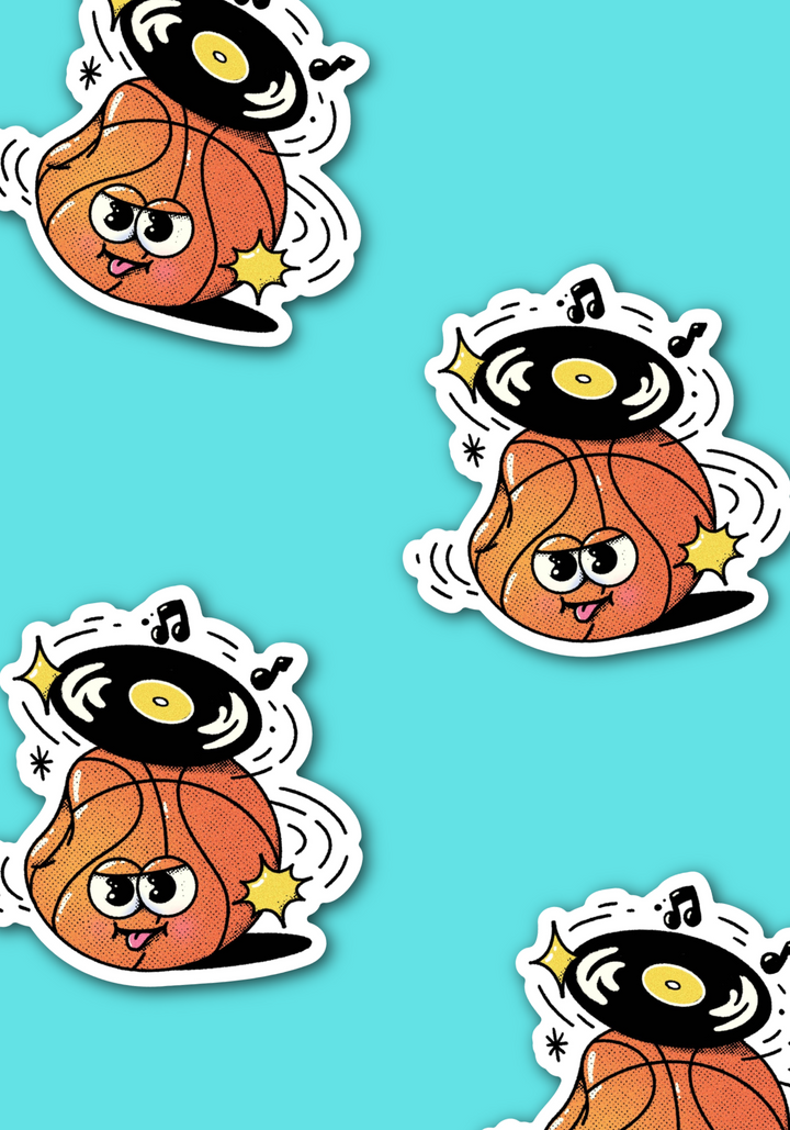 Cartoon vinyl record and basketball stickers design with a white die-cut outline, shown on a teal background.