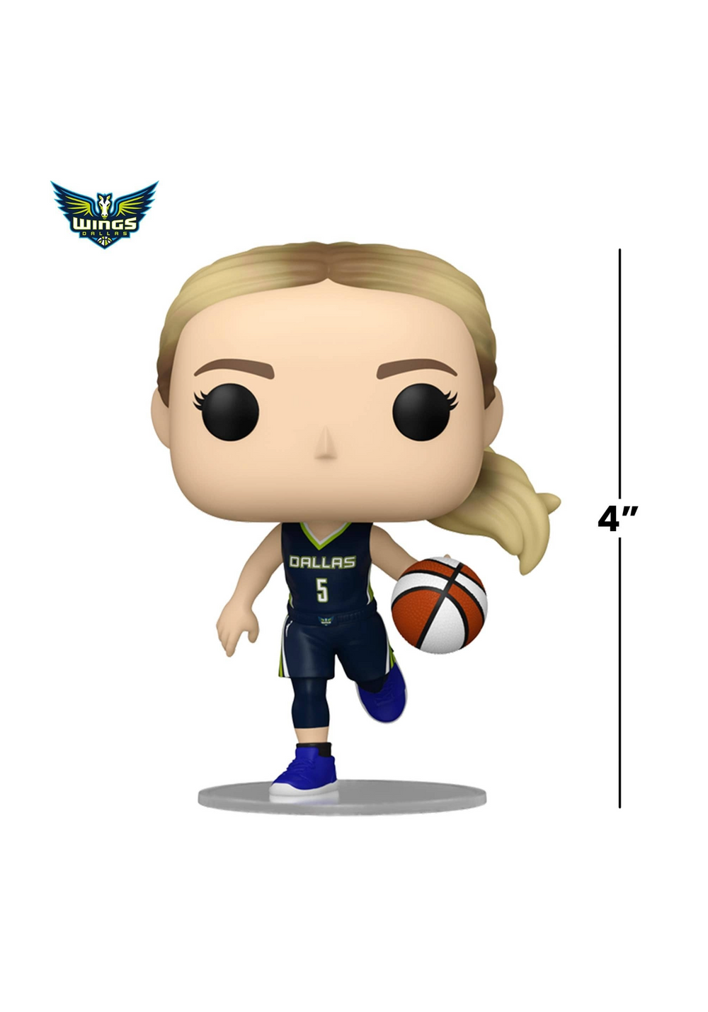 Figurine of basketball player Paige Bueckers in a Dallas uniform with a ball, on a white background with a measurement indicator.
