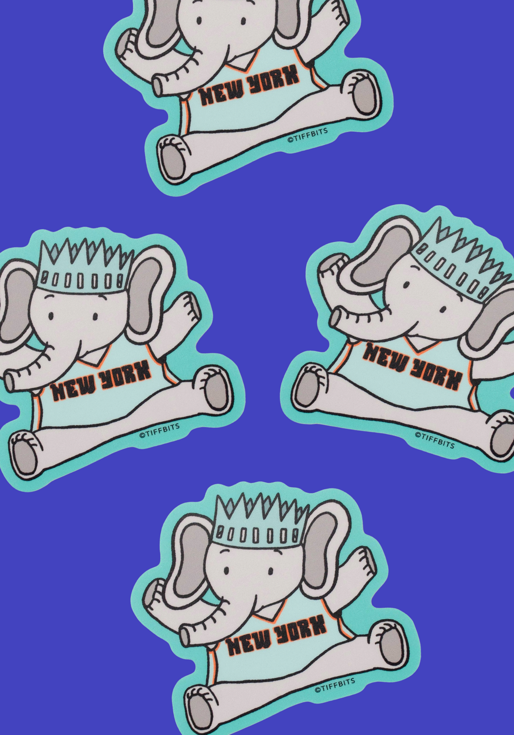 Four die-cut stickers featuring a cartoon elephant inspired by NY Liberty's Ellie wearing a crown and sweatshirt that says 'NEW YORK,' arranged on a plain white background.