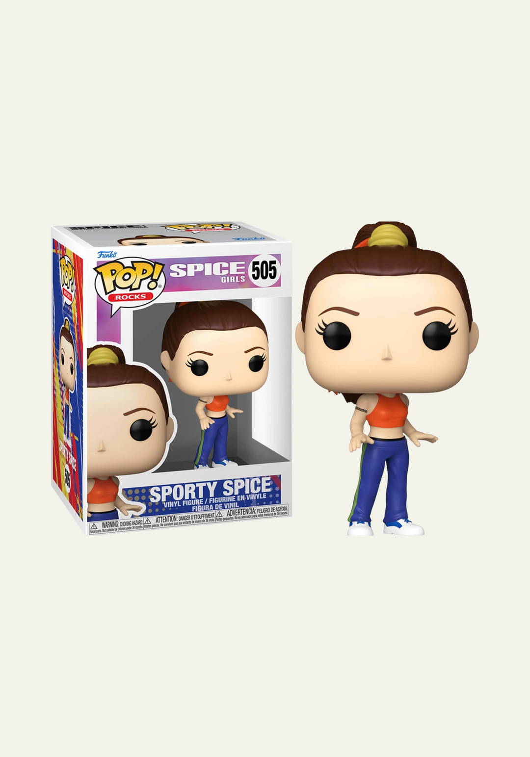 Funko Pop! Rocks vinyl figure of Spice Girls' Sporty Spice, number 505, shown next to its retail window box on a white background.