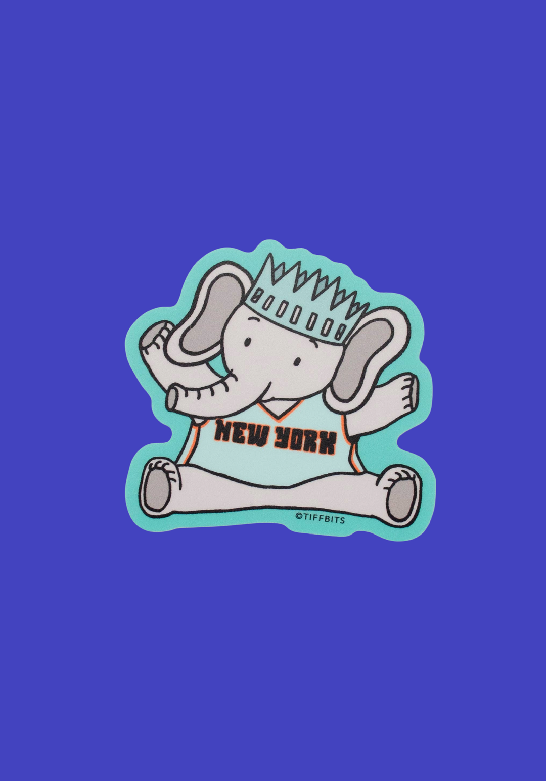 A die-cut sticker featuring a cartoon gray elephant inspired by NY Liberty's Ellie, wearing a crown and a white shirt with 'NEW YORK' printed on it, outlined in turquoise, shown on a plain white background.