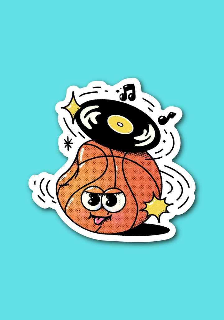 A cartoon vinyl record and basketball sticker design with a white die-cut outline, shown on a teal background.