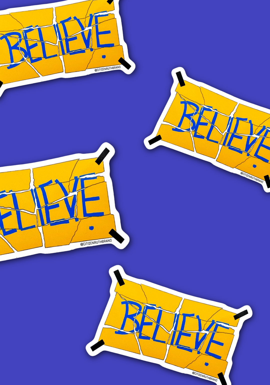 A die-cut vinyl sticker with a yellow cracked-tile design and the word &