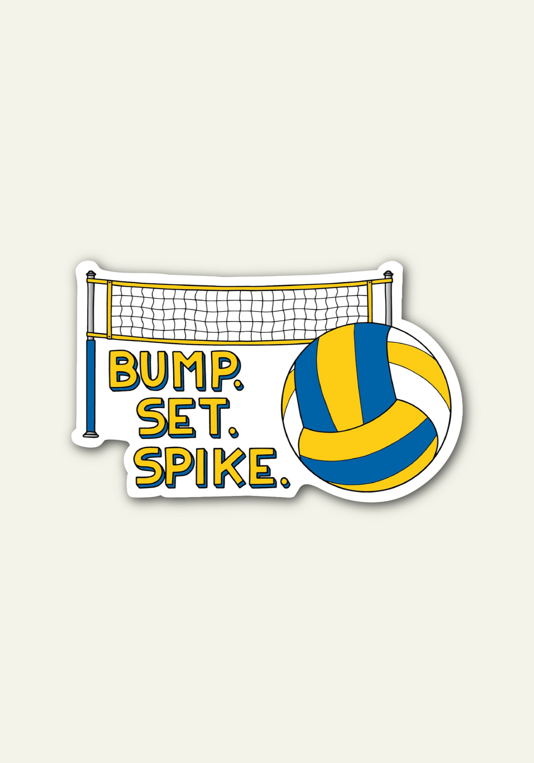 A die-cut sticker featuring a volleyball net on the left and a blue and yellow striped volleyball on the right, with the text 'BUMP. SET.
