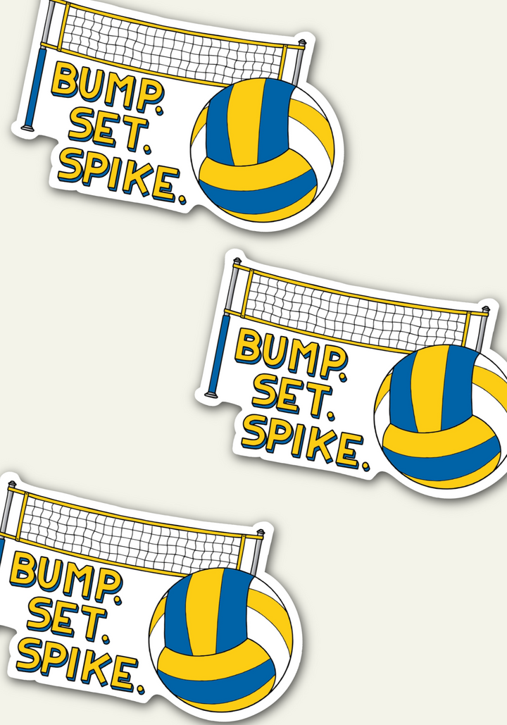 Die-cut stickers featuring a volleyball net on the left and a blue and yellow striped volleyball on the right, with the text &