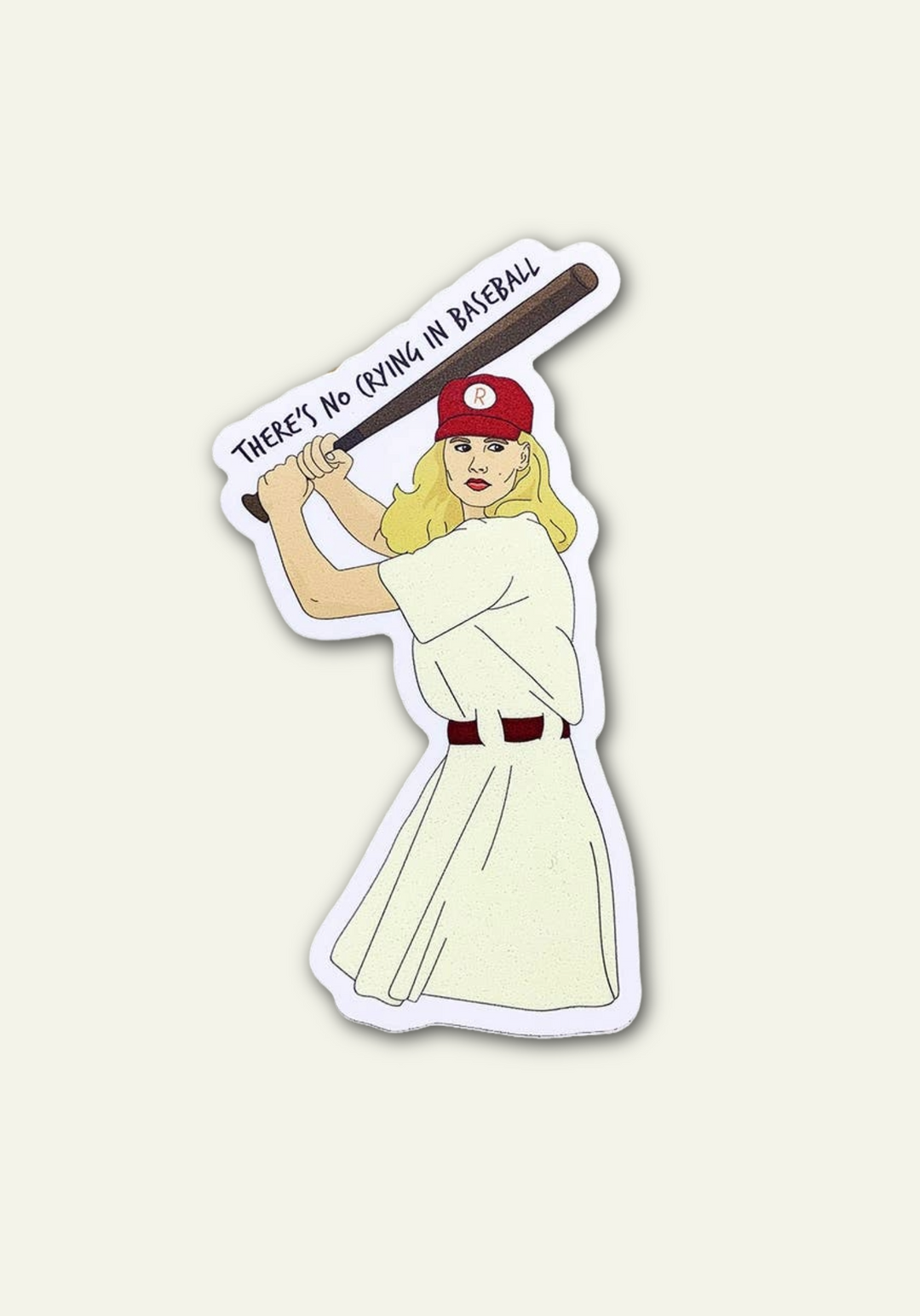 Sticker of a woman in a dress and red cap with a baseball bat (inspired in a League of Their Own) on a textured gray background.