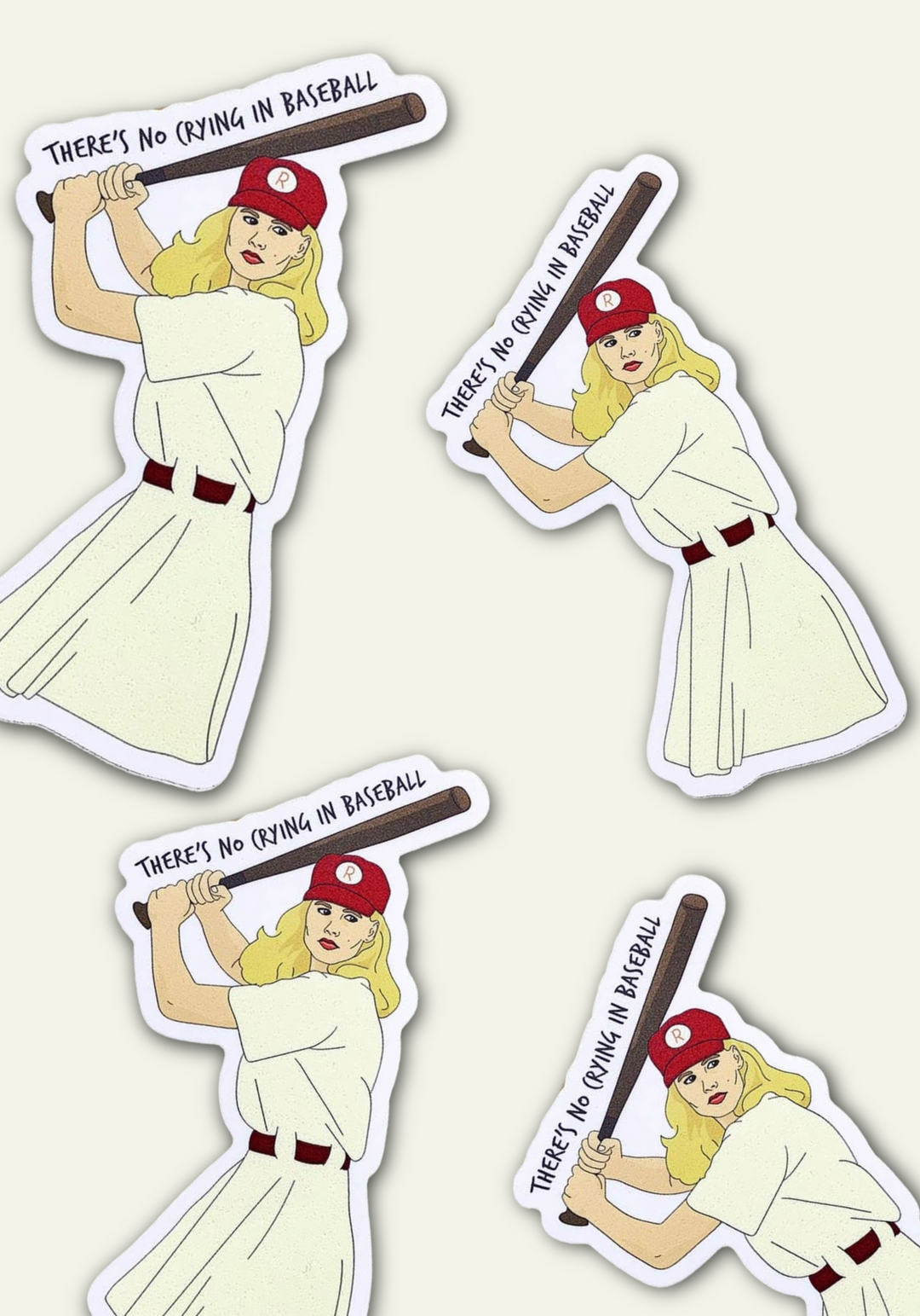 Sticker of a woman in a dress and red cap with a baseball bat (inspired in a League of Their Own) on a textured gray background.