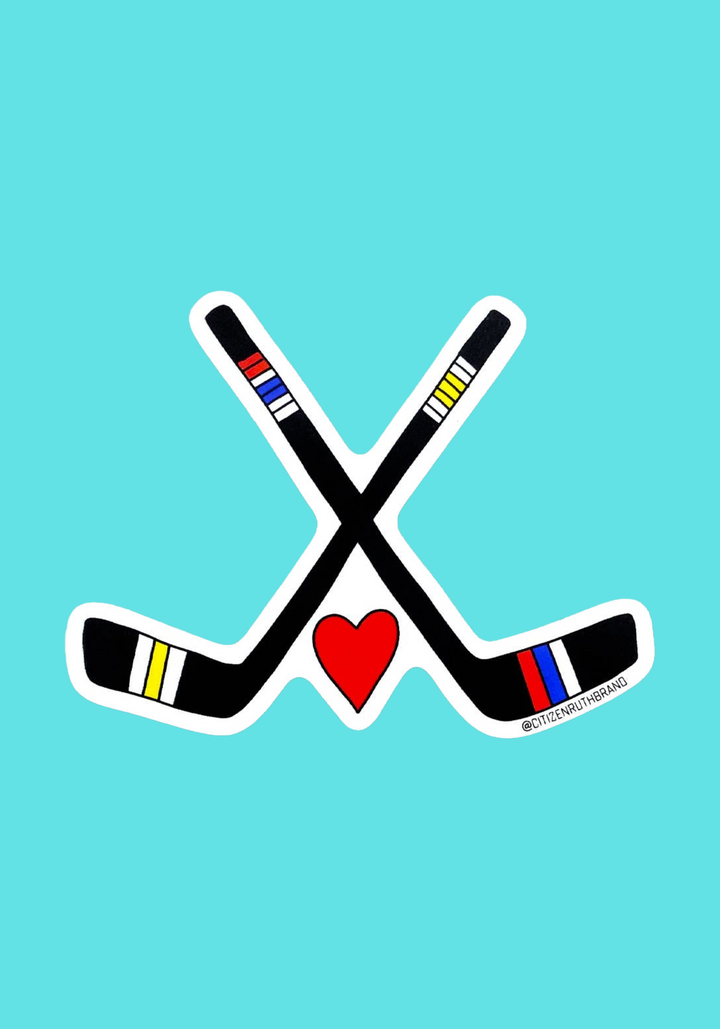 Two crossed hockey sticks inspired by Heated Rivalry with a heart in the center on a teal color backgound.