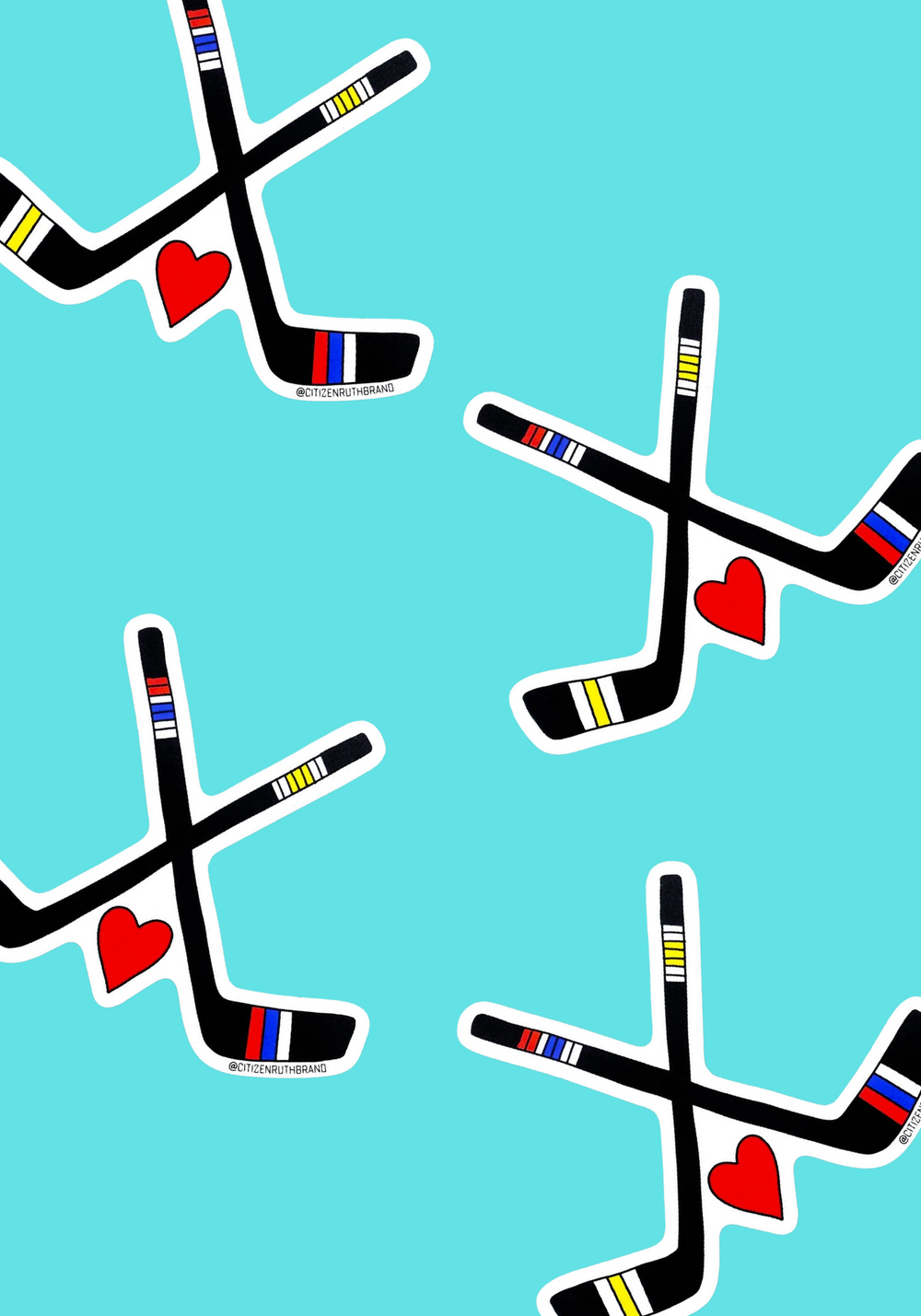 Stickets of two crossed hockey sticks inspired by Heated Rivalry with a heart in the center on a teal color backgound.