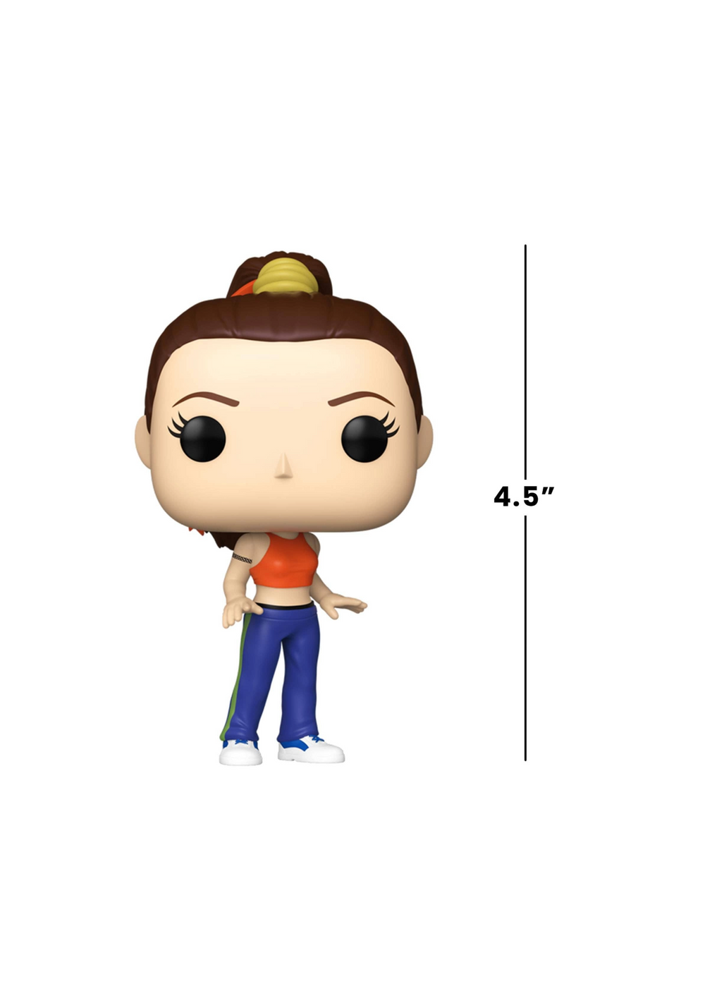 A 4.5-inch vinyl figure of Sporty Spice with brown hair in a bun, wearing an orange crop top, blue pants with a green stripe, and white sneakers, shown on a white background with a height marker.